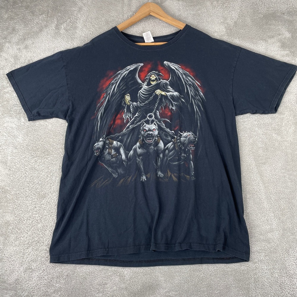 Grim Reaper Shirt Mens XL Black Hellhound Gothic Horror Biker Fruit of the Loom